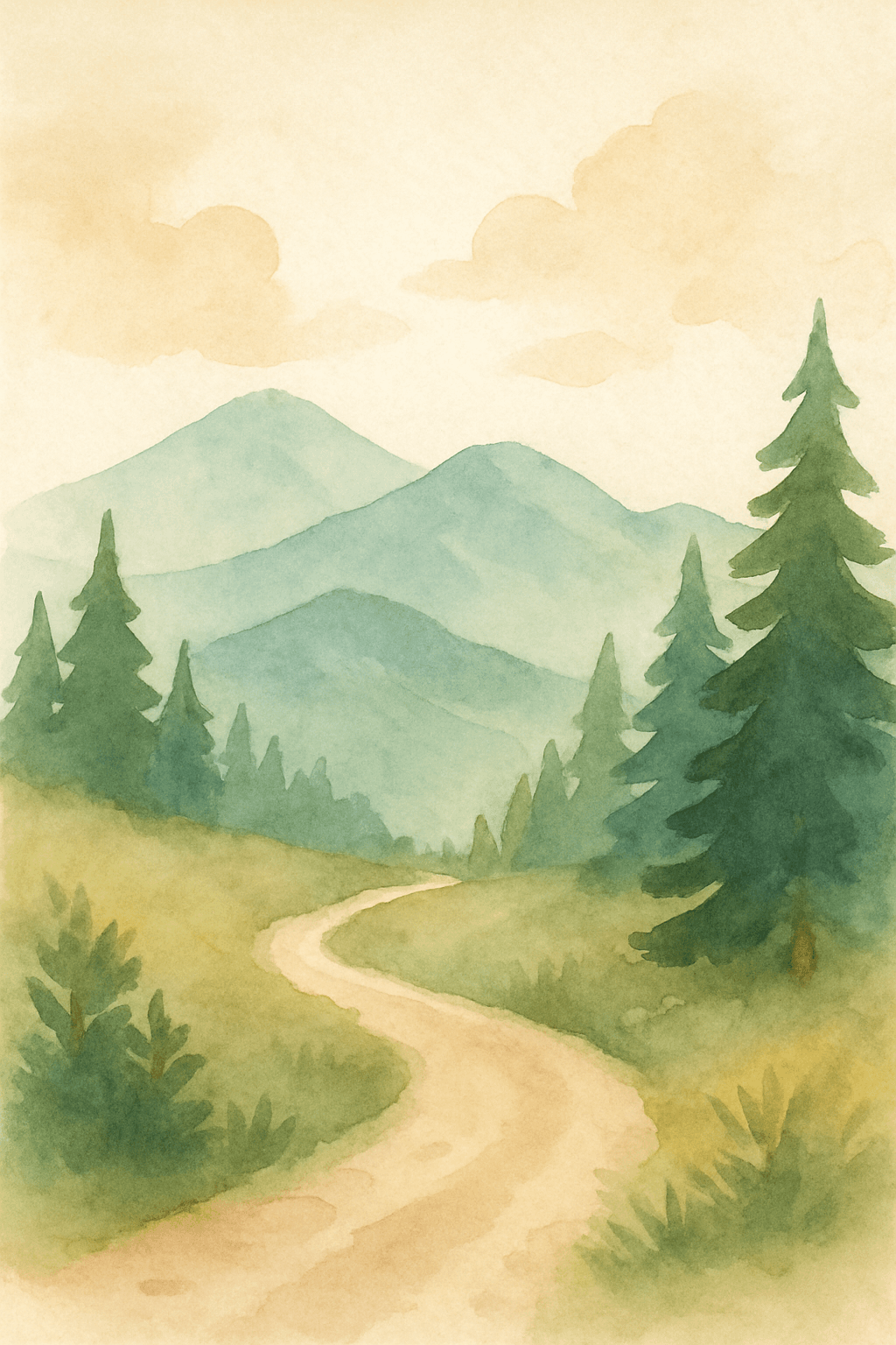 Watercolor illustration of a mountain trail