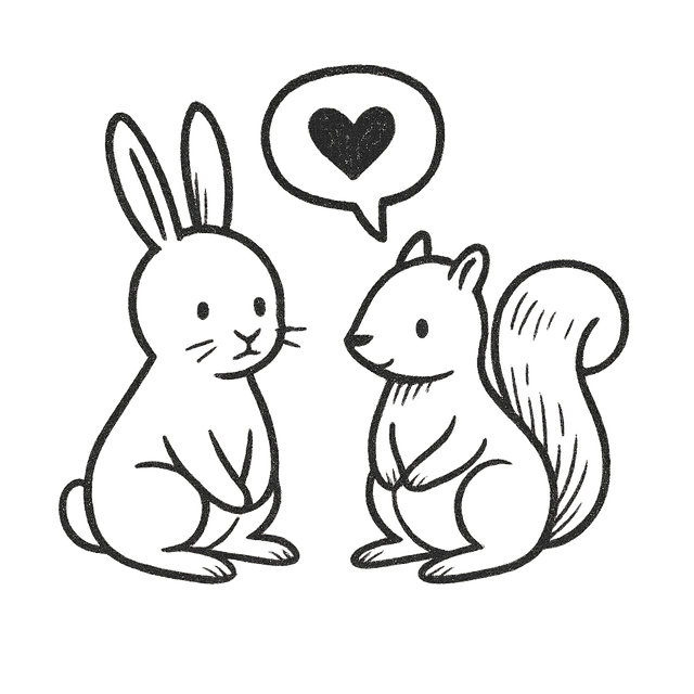 Hand-drawn bunny and squirrel with heart speech bubble illustration
