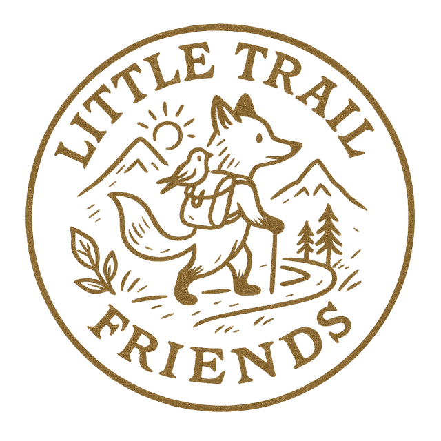 Little Trail Friends - A fox with a bird friend in a circular nature scene with mountains and trees