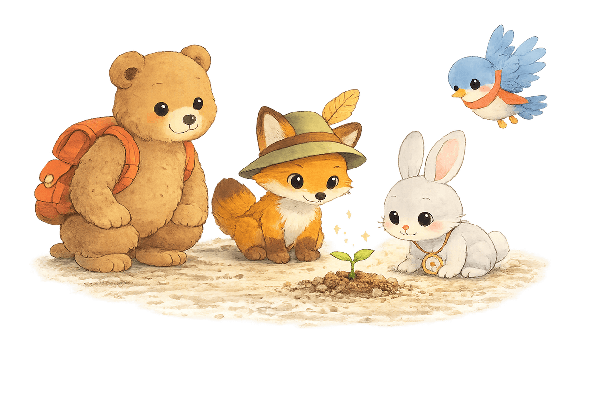 Four Little Trail Friends gathered around a sprout