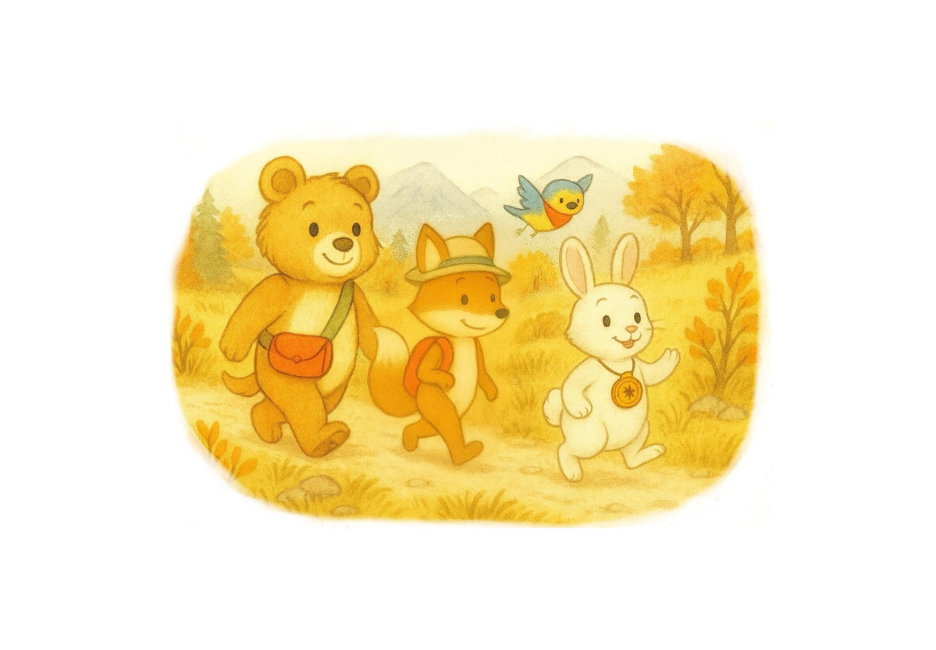 Bear, fox, bunny, and bluebird walking together through an autumn forest