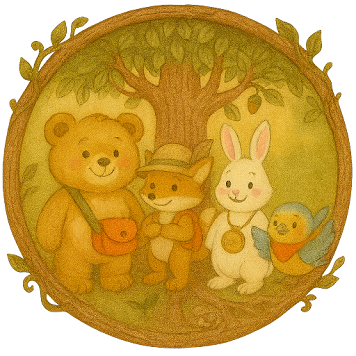 The Little Protectors - Bear, fox, bunny, and duck gathered around a tree